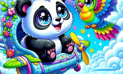 Een kleine panda met grote glanzende ogen en een zwart-witte vacht, met een stralende glimlach, zit in een vliegmachine gemaakt van kleurrijke bladeren en bloemen. Hij kijkt verwonderd naar het landschap beneden, de wind doet zijn vacht opwaaien, en zijn hart is vervuld van opwinding. Naast hem vliegt een kleine vogel met levendige, kleurrijke veren vrolijk om de machine heen. Hij zingt blij, zijn vleugels fladderen snel, en hij lijkt de panda aan te moedigen om nog hoger de lucht in te verkennen. De scène speelt zich af in een stralende blauwe lucht, bezaaid met donzige wolken en een prachtige regenboog die zich aan de horizon uitstrekt. Hieronder ontvouwt zich een uitgestrekt landschap van groene bossen en golvende heuvels, bezaaid met heldere bloemen. De hoofdscène toont de panda en de vogel in volle vlucht, ontdekkend vanuit de lucht, vervuld van verwondering en vreugde, klaar om een onvergetelijk avontuur te beleven.