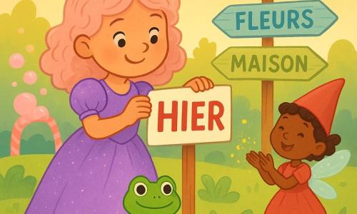 Een lachende ondeugende prinsesje (ongeveer 6 jaar) in glanzende lila jurk en lichtroze krullen plakt een grote witte sticker met “HIER” in rode letters op een houten wegwijzer; voor haar staat een klein jongenskikkerje met blauwe vlinderdas en trotse blik op een steen, naast hen een elfachtig feeënmeisje (~5 jaar) met rode muts en glinsterende vleugels klapt en strooit gouden glitters; de houten bord heeft drie pastelkleurige draaiende pijlen naar “Bos”, “Fleurs”, “Maison”; het tafereel is een betoverende open plek met zacht groen gras, lachende kromme bladeren, een zuurstokkenbrug en een bellenfontein die roze bellen blaast, zachte zonsonderganglicht, warme kleuren, afgeronde vormen, vrolijke geruststellende sfeer, compositie gecentreerd op het prinsesje met ruimte rondom voor boektekst.