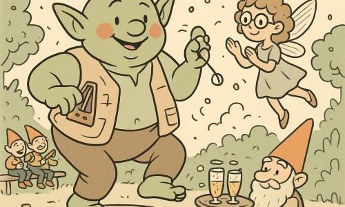 Un troll chiamato Rutto, allegro ma timido, guance rosse, pelle verde pallido, orecchie appuntite e corporatura tonda, indossa un gilet con grandi tasche e danza un passo 