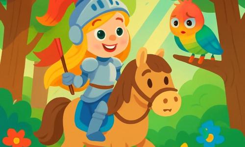 A brave knightess, Sir Lila, stands proudly on her gentle horse, Cookie. She wears shining armor that sparkles in the sun, with a determined smile on her face. Her long golden hair flows in the wind, and her eyes sparkle with excitement. Beside her, a small bird with colorful feathers, visibly sad, searches for its precious golden plumage. The bird perches on a tree branch, wings slightly folded, looking at Sir Lila with hope. The scene takes place in an enchanted forest, where majestic trees with thick trunks rise to the sky, and colorful flowers cover the ground. Sunbeams break through the foliage, illuminating the path. With her brave heart, Sir Lila is ready to embark on a quest to find the lost golden plumage, determined to help her new friend.