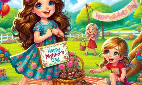 Una ragazza di 9 anni, Sofia, con lunghi capelli castani e occhi blu scintillanti, sorride con entusiasmo mentre tiene un grande cartello colorato che dice "Buona festa Mamma!" in un parco soleggiato. Indossa un vestito a fiori e sandali, e il suo viso irradia gioia e anticipazione. Accanto a lei c'è Marco, un ragazzo di 9 anni con capelli castani disordinati e una maglietta rossa, che ride mentre tiene un cesto pieno di deliziosi biscotti al cioccolato. Più in là, Chiara, una ragazza di 9 anni con capelli biondi intrecciati e un vestito blu, sta decorando un albero con palloncini colorati. Il luogo è un parco verde, pieno di fiori vivaci e alberi maestosi, sotto un cielo blu chiaro. Una grande coperta a quadri rossi è stesa sull'erba, circondata da cesti da picnic e decorazioni colorate. La scena principale mostra Sofia, Marco e Chiara mentre preparano una sorpresa gioiosa per la festa della mamma, circondati da risate e un'atmosfera festosa, pronti ad accogliere la mamma di Sofia per una bella celebrazione.