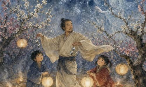 Adult man — Haru Takeda, resolute benevolent expression, calm face with light wrinkles, graying black hair tied up, wearing a simple cream kimono and dark sash, dancing gently while waving wide sleeves and small silver bells that glint, Boy — Ren, about 9, short black hair, blue coat, looks in wonder holding a paper lantern near the ground to Haru's left, Girl — Aki, about 7, pigtails, red coat, holds the lantern with Ren, cool but brave face to Haru's right near a plum tree trunk, Supernatural figure — frost spirit, slender silhouette in a flowing icy-water colored robe, hair floating like frost filaments, crystal-bright eyes, delicate hands casting fine sparks of frost over the high branches, Setting — plum orchard under a thin moon, branches heavy with white and pink blossoms, straw mats on the ground and small fires arranged in a ring, paper lanterns hanging, light smoke drifting through the cold air, Main situation — a reconciliatory dance between Haru and the frost spirit among the trees, Haru offering open hands as bells tinkle while the spirit lays a veil of frost on the high branches, soft poetic nighttime mood with contrast between the warm fire glow and the bluish pallor of the frost.