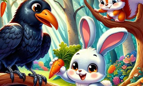 A raven named Coco, with shiny black feathers and sparkling curious eyes, stands on a low branch, smiling enthusiastically. Next to him, a small rabbit named Benny, with big ears and soft white fur, looks on hopefully, holding a carrot in his paws. A playful squirrel, Sally, with red fur and a bushy tail, climbs a nearby tree, watching the scene with a joyful smile. The scene takes place in an enchanted forest filled with majestic trees, vibrant green leaves, colorful flowers, and sunlight filtering through the branches. Coco, Benny, and Sally are celebrating the discovery of the lost carrot, jumping and dancing together, surrounded by the beauty of nature.