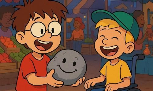 There are three main characters: Milo, a 10-year-old boy with tousled brown hair and round glasses, wearing a red t-shirt and blue shorts, holds a smiling rock in his hands with wonder. Jasper, a boy of the same age with blonde hair and wearing a green cap, sits in a wheelchair next to Milo, laughing joyfully. Smudge, the rock, is small and round with a gray surface and a spot resembling a smiling face, resting in Milo's hands. The setting is a bustling outdoor market with colorful stalls filled with fruits, vegetables, and magical items. Strings of lights twinkle above the stands, and smiling passersby stroll with bags full of groceries. The main situation shows Milo and Jasper discovering that Smudge, the rock, has finally found its smile. The rock smiles broadly, and the atmosphere is joyful and magical, with bursts of laughter and a festive mood.