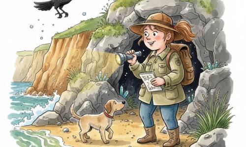 A 30-year-old female explorer with chestnut hair in a ponytail, round smiling face, wearing a brown wide hat, khaki jacket and a worn backpack gazes with wonder and caution at a small hidden cave in ochre-gray cliffs, holding a silver flashlight and a scribbled notebook; a male beige hunting dog named Patch sits at her left, wagging his tail and sniffing the cave entrance; a black raven flies overhead toward a high path; the wild beach has golden sand, shells, cliff grasses and small sparkling crystals around the cave, warm flashlight light contrasting the cool rock shadows, white waves striking the rocks, creating an adventurous, gentle atmosphere.