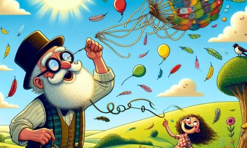 An elderly man, Mr. Bumble, with a fluffy white beard and round glasses, wears an oversized hat and a radiant smile of excitement. He stands on a grassy hill surrounded by colorful flowers, releasing his invention, the "Feather-Tickler 3000," which floats into the sky with dancing ribbons and colorful balloons. Nearby, an 8-year-old girl with curly hair and a polka-dotted dress watches in wonder, her eyes sparkling with joy as she raises her arms to catch the laughter drops falling from the clouds. A curious bird perched on a tree branch observes the scene with an amused expression, its bright feathers adding a splash of color to the landscape. The location is a sunny hill dotted with wildflowers, under a blue sky filled with fluffy, laughing clouds. The main scene shows Mr. Bumble, full of enthusiasm, launching his invention towards the clouds, while laughter and drops of joy fall on the amazed villagers below.