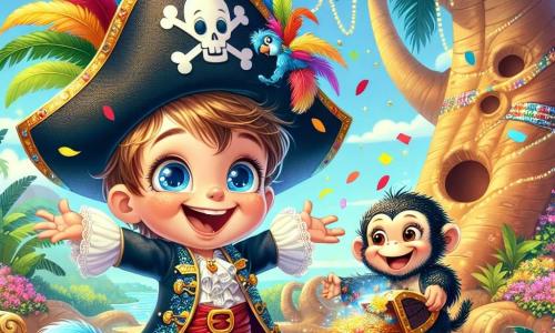 Ein kleiner Junge von 1 Jahr, Tim, mit zerzausten blonden Haaren und funkelnden Augen, trägt einen großen schwarzen Piratenhut mit einer bunten Feder. Er lächelt breit und hält eine kleine Schatzkarte in seinen Händen, während er vor einem majestätischen Baum steht. Neben ihm steht seine Mama, eine etwa 30-jährige Frau mit langen braunen Haaren und einem warmen Lächeln, die ihn mit offenen Armen ermutigt. Sie trägt ein buntes Karnevalskostüm, das mit Glitzer und fröhlichen Mustern gefüllt ist, und steht leicht im Hintergrund, bereit, ihren kleinen Piraten zu applaudieren. Die Kulisse ist eine sonnige Insel mit grünen Palmen, leuchtenden Blumen und einem azurblauen Himmel. Konfetti schwebt in der Luft und verleiht der Umgebung eine festliche Note. Die Hauptsituation zeigt Tim, der eine kleine Schatzkiste zu Füßen des Baumes entdeckt, mit einem schelmischen Affen, der die Kiste hält und bereit ist, sie ihm zu geben. Tim, ganz aufgeregt, nähert sich dem Affen, seine Augen leuchten vor Vorfreude und Glück.