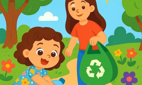 Dwuletnia dziewczynka z dużymi, błyszczącymi oczami i kręconymi włosami radośnie uśmiecha się, podnosząc plastikową butelkę w zielonym parku. Ma na sobie kolorową sukienkę w kwiaty i różowe sandały. Obok niej stoi jej mama, około 30-letnia kobieta z długimi, brązowymi włosami, która z dumą na nią patrzy, trzymając torbę na recykling. Znajdują się na ścieżce otoczonej majestatycznymi drzewami, z kwiatami w różnych kolorach tańczącymi na wietrze. Niebo jest niebieskie i słoneczne, tworząc radosną i przyjazną atmosferę. Dziewczynka jest skupiona i zdeterminowana, aby posprzątać park, pokazując swoją miłość do natury.