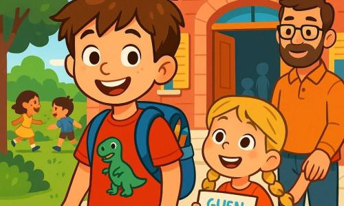 Un niño de 8 años, Lucas, con cabello castaño desordenado y ojos brillantes de curiosidad, está frente a la puerta de su escuela, con una gran sonrisa en el rostro, una mezcla de emoción y nerviosismo. Lleva una camiseta roja brillante con un dibujo de dinosaurio y una pequeña mochila azul llena de útiles escolares. A su lado, su hermana pequeña, Sofía, de 5 años, con trenzas rubias y un rostro alegre, sostiene un dibujo colorido de buena suerte en sus manos, mirándolo con admiración. Su papá, un hombre de mediana edad con barba castaña y gafas, está un poco retirado, sonriendo orgullosamente mientras sostiene la mano de Sofía. El lugar es una escuela primaria acogedora, con una fachada de ladrillos rojos y ventanas con persianas amarillas. Árboles verdes bordean la entrada, y los niños juegan alegremente en el patio, creando una atmósfera viva y alegre. La situación principal muestra a Lucas, un poco dudoso pero decidido, listo para cruzar la puerta de la escuela, rodeado del amor y apoyo de su familia, preparado para comenzar una nueva aventura.