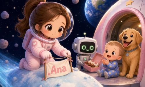 Ana, mujer sonriente y dulce con el pelo castaño en coletas y traje espacial rosa pálido, clava una pequeña bandera en un cometa azul-blanco; a su derecha, un robot compañero pequeño y cuadrado de metal claro con ojos LED verdes sostiene una caja de pasteles abierta; un bebé de unos 1 año, regordete y alegre en pijama estrellado, sentado en la entrada abierta de la nave aplaude mirándola; un perro macho mediano de pelaje dorado espera junto a la puerta con la lengua fuera mientras la Tierra se ve a lo lejos; lugar: superficie suave y redondeada del cometa con textura polvorienta azul y blanca, pequeñas rocas flotantes y cielo negro estrellado; ambiente cálido y tranquilo, luz suave, colores pastel, rasgos redondeados y expresiones exageradas estilo chibi kawaii.