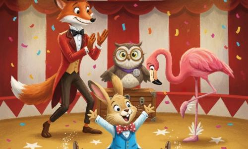 Benny, a small anthropomorphic rabbit in a bright blue vest and polka-dot bow tie, is surprised and joyful doing a comic split on a large white chalk star with sawdust dusting his paws; behind him to the left the Ringmaster, a slim fox in a shiny red coat and top hat, proudly claps, to the right a graceful, playful pink flamingo in feathered slippers balances on one leg watching with amusement, and Mrs. Owlivia, a wise old owl with round glasses, smiles perched on a wooden trunk; the warm circus tent interior shows red-and-white stripes, warm spotlights, floating confetti and a sawdust-strewn floor with chalk stars, the scene feeling like a parade turned into a festive performance with exaggerated gestures, saturated colors and visible gouache brushstrokes.