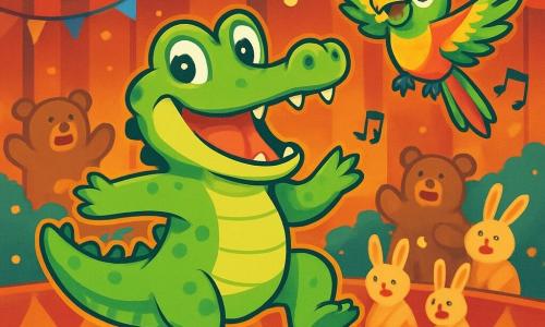 A crocodile named Clarence, with bright green skin and sparkling curious eyes, joyfully dances in the middle of a circus scene, his wide smile revealing shiny white teeth. Next to him, a colorful parrot named Polly, with vibrant green and yellow feathers, twirls in the air, adding a touch of magic to the scene. The setting is a lively circus, with sparkling lights, colorful banners, and amazed spectators, including dancing bears and applauding rabbits. The main situation shows Clarence dancing gracefully while Polly encourages him with cheerful cries, creating a festive and lively atmosphere.