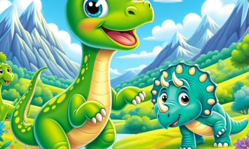 Ein junger Diplodocus namens Dippi, mit einem langen Hals und einer grün-gelben gesprenkelten Haut, steht im Mittelpunkt des Bildes, seine Augen leuchten vor Aufregung und ein breites Lächeln ziert sein Gesicht. Er springt fröhlich über einen kleinen Bach, seine Vorderbeine leicht erhoben, als wäre er in Bewegung. Neben ihm schaut sein Freund Tricky, ein kleiner Triceratops mit hellblauer Haut und drei Hörnern auf dem Kopf, Dippi ermutigend an, seine Augen funkeln vor Freude. Tricky steht am Ufer, bereit, ihm ins Abenteuer zu folgen. Die Szenerie zeigt ein wunderschönes, grünes Tal, umgeben von majestätischen Bergen mit schneebedeckten Gipfeln. Bunte Bäume, leuchtende Blumen und ein hellblauer Himmel mit einigen bauschigen Wolken tragen zur Schönheit der Landschaft bei. Die Hauptsituation zeigt Dippi und Tricky, die bereit sind, eine neue Ecke ihres Tals zu erkunden, voller Begeisterung und Neugier, um die Wunder ihrer Umgebung zu entdecken.