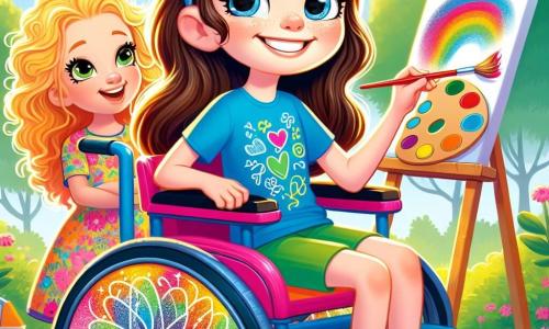 A 12-year-old girl, Emma, smiling and full of energy, is sitting in her brightly colored wheelchair with sparkling wheels. Her brown hair is tied in a ponytail, and she is wearing a blue t-shirt with paint patterns. She holds a paintbrush in one hand and eagerly looks at a large white panel in front of her, ready to be decorated. Next to her, Zoe, a 12-year-old girl with curly blonde hair, stands with her arms crossed and a big smile. She wears a colorful floral dress and holds a paint palette, leaning slightly toward Emma, encouraging her with a sparkling gaze. The setting is a sunny schoolyard with green trees and colorful flowers around. Children are playing in the distance, and balloons float in the blue sky. The scene shows Emma and Zoe preparing a large artwork for Inclusion Day, filled with bright colors and joyful drawings, symbolizing friendship and creativity.