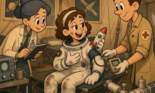 An adult female astronaut with an expressive, slightly tired smiling face, short brown hair held by a headband, wearing a slightly wrinkled white spacesuit dusted with reentry dust, sits on a cot inside a beige medical recovery tent holding a small plastic toy rocket; a warm-faced male nurse of about 35 with short hair in a khaki smock stands to her right taking her vitals with a small device and watching attentively; to her left a female doctor of about 40 with gray-blue hair in a bun, badge and tablet, leans in to listen and take notes with a reassuring posture; the tent contains hanging yellow lamps, folding beds, technical posters, metal instrument tables and a small model of the space station; the scene shows a gentle landing recovery, the astronaut describing her sensations while showing the toy rocket, caregivers listening intently, warm pastel colors, rounded contours, retro cartoon details (big expressive eyes, fluid rubber-hose lines) and soft light from a hanging lamp casting round shadows.
