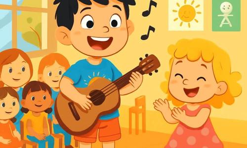 Un ragazzo di 6 anni, con capelli neri disordinati e occhi scintillanti di gioia, si trova su un piccolo palco di legno. Sorride con fiducia, tenendo una chitarra di legno tra le mani. Il suo viso è illuminato dall'eccitazione e indossa una maglietta blu brillante con un disegno di sole. Accanto a lui, una bambina di 5 anni, sua sorella, balla gioiosamente. Ha capelli biondi ricci e indossa un vestito rosa a pois. Applaude con entusiasmo, gli occhi brillanti di ammirazione per il fratello. Sullo sfondo, un'aula colorata è piena di compagni di classe, tutti seduti su sedie di legno. Le pareti sono decorate con disegni di bambini e festoni di carta colorata. La luce del sole filtra attraverso le finestre, creando un'atmosfera calda e accogliente. La scena principale mostra il ragazzo pronto a cantare una canzone, circondato dai suoi amici che lo incoraggiano con sorrisi e applausi. L'atmosfera è gioiosa e piena di sostegno, illustrando la fiducia e il coraggio di Luca.