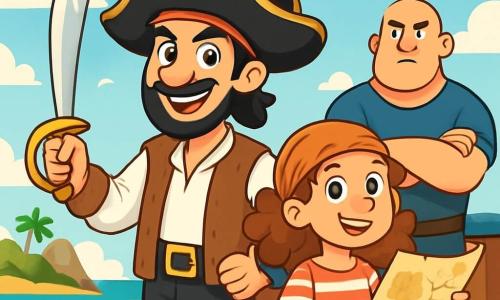 Ein Mann, Kapitän Finn, steht stolz auf dem Deck seines Schiffes, mit einem schelmischen Lächeln und funkelnden Augen vor Aufregung. Er trägt einen Piratenhut mit einer bunten Feder, ein weißes Hemd und eine abgenutzte Lederweste, während er sein langes, glänzendes Schwert festhält. An seiner Seite beobachtet Mia, ein etwa 10-jähriges Mädchen mit lockigem Haar und strahlenden Augen, den Horizont mit einer Karte in der Hand, gespannt darauf, den Schatz zu entdecken. Olaf, ein kräftiger Mann in den Vierzigern, steht hinten mit verschränkten Armen und einem entschlossenen Ausdruck, bereit, seine Crew zu verteidigen. Das Schiff segelt über türkisfarbenes Wasser, umgeben von funkelnden Wellen unter einem hellblauen Himmel mit weißen Wolken. Im Hintergrund ist eine geheimnisvolle Insel mit üppigen Palmen und steilen Felsen zu sehen, wo der legendäre Schatz verborgen ist. Die Szene strahlt eine Atmosphäre von Abenteuer und Kameradschaft aus, während die Crew sich darauf vorbereitet, den bevorstehenden Gefahren zu begegnen.
