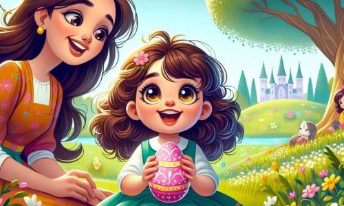 Una niña de 4 años, Lucía, con grandes ojos brillantes y cabello rizado castaño, está sentada en la hierba verde del jardín, sonriendo. Sostiene un huevo de Pascua rosa en sus manos, con los ojos llenos de emoción. A su lado, su madre, una mujer de unos treinta años con cabello largo y liso, lleva un vestido colorido y sonríe orgullosa al mirar a su hija. Está arrodillada, ayudando a Lucía a abrir el huevo. Al fondo, un gran árbol majestuoso se alza, con ramas llenas de flores blancas, mientras que flores amarillas decoran el jardín. La escena está iluminada por la luz del sol, creando una atmósfera alegre y festiva. Lucía descubre con asombro las sorpresas de Pascua, rodeada de la belleza del jardín y del amor de su madre.