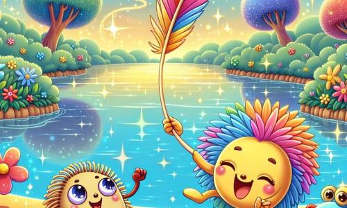 Un piccolo essere colorato, simile a una piuma arcobaleno, fluttua gioiosamente nell'aria, con gli occhi brillanti di curiosità e un grande sorriso sul volto. È circondato da piccole scintille luccicanti che aggiungono al suo fascino magico. Accanto a lui, un adorabile riccio con spine morbide e rotonde guarda con occhi spalancati, mostrando un'espressione di eccitazione e attesa. È seduto a terra, con le zampe anteriori sollevate come se fosse pronto a saltare. Non lontano, un granchio danzante, con un guscio rosso vivo e occhi maliziosi, si muove gioiosamente sulla sabbia, ridendo allegramente. La scena si svolge lungo un fiume scintillante, dove l'acqua chiara riflette i colori del cielo, circondata da fiori multicolori che danzano al ritmo del vento. Gli alberi con tronchi contorti e foglie brillanti aggiungono un tocco di magia all'ambiente. I tre amici danzano e ridono insieme, mentre una grande palla rossa vola nell'aria, creando un momento di gioia e divertimento condiviso, simboleggiando la loro amicizia e le loro avventure stravaganti.
