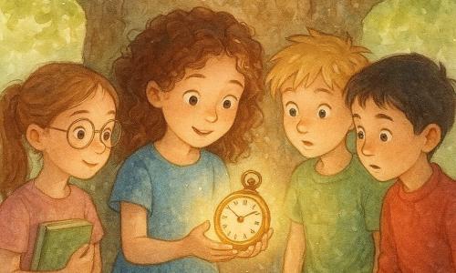 Ci sono 4 bambini: Giulia, una bambina di 9 anni con capelli castani ricci, indossa un vestito blu e tiene in mano un orologio tascabile di ottone lucente vicino al tronco di un grande platano. Tommaso, un bambino di 9 anni con capelli biondi spettinati, indossa una maglietta verde e guarda l'orologio con curiosità accanto a Giulia. Sofia, una bambina di 9 anni con occhiali rotondi e capelli castani legati in una coda di cavallo, tiene un piccolo libro illustrato e si trova a sinistra di Giulia. Marco, un bambino di 9 anni con capelli neri corti, indossa un maglione rosso e osserva attentamente l'orologio, stando a destra di Tommaso. Il luogo è il vasto e antico tronco di un platano maestoso, con la corteccia ruvida e piena di piccole cavità. La luce del sole filtra attraverso le foglie verdi, creando motivi di luce e ombra sul terreno. La situazione principale mostra i bambini che scoprono l'orologio magico nel tronco del platano. L'orologio emette una dolce luce dorata, avvolgendo i bambini in un'aura misteriosa. Le espressioni sui loro volti sono un misto di meraviglia e curiosità, catturando il momento magico in cui realizzano che stanno per vivere un'avventura straordinaria attraverso il tempo.