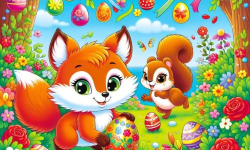 Un pequeño zorro llamado Tito, con un pelaje naranja brillante, ojos llenos de curiosidad y una cola esponjosa, está buscando alegremente en un jardín colorido, rodeado de brillantes huevos de Pascua. A su lado, una pequeña ardilla llamada Pepa, con pelaje marrón y ojos traviesos, salta de emoción mientras sostiene un huevo decorado en sus patas. El jardín está lleno de flores vibrantes, cintas de colores flotando en el viento y arbustos verdes, creando una atmósfera festiva y alegre. Tito y Pepa descubren juntos un huevo mágico escondido bajo un rosal rojo, revelando un mapa del tesoro que los llevará a una aventura increíble.