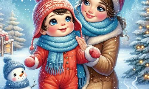 Ein einjähriger Junge mit rosigen Wangen und strahlenden Augen steht im Schnee und lächelt voller Staunen. Er trägt einen leuchtend roten Overall, einen blauen Schal und eine kleine Wollmütze. Seine kleinen Hände sind gehoben, bereit, die sanft herabfallenden Schneeflocken zu fangen. Neben ihm steht seine Mutter, eine etwa 30-jährige Frau mit langen braunen Haaren, die zu einem Dutt gebunden sind. Sie trägt einen warmen Mantel und eine Mütze, die zum Overall ihres Sohnes passt. Sie lächelt zärtlich, während sie ihren Sohn ansieht und eine dampfende Tasse heiße Schokolade in den Händen hält. Die Szenerie ist ein Wintergarten mit schneebedeckten Bäumen, funkelnden Schneeflocken, die vom hellblauen Himmel fallen, und einem lächelnden Schneemann mit einer Karotte als Nase, der stolz in der Nähe steht. Die Hauptsituation zeigt den kleinen Jungen, der Spaß daran hat, die fallenden Schneeflocken zu fangen, während seine Mutter ihn liebevoll beobachtet und eine fröhliche, warme Szene schafft, die die Magie des Winters einfängt.