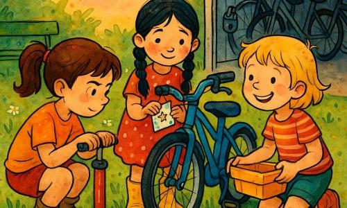 Três meninas de ~5 anos: Lia, cabelo castanho em rabo de cavalo, agachada à esquerda com uma bomba de bicicleta vermelha; Bia, cabelo loiro curto, à direita segurando uma caixa de ferramentas amarela e ajudando a sustentar a roda; e a tímida, cabelo negro entrançado, ao centro atrás da roda, oferecendo um bilhete colorido dobrado com uma estrelinha, sorriso tímido que vira alegria. Cena ao crepúsculo num canto do jardim da escola: grama com pequenas flores brancas, um banco verde ao fundo e um bicicletário metálico; elas consertam uma bicicleta azul, mãos calmas e atentas, poeira nas botas e respingos de tinta azul numa mochila, luz dourada e sombras longas.