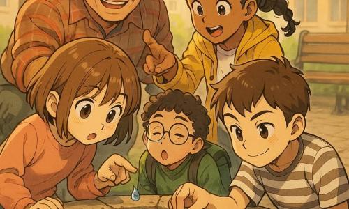 Há cinco personagens: quatro crianças — Inês (10 anos), cabelo castanho-claro, junto ao primeiro plano à esquerda inclinada sobre um canteiro a observar uma pequena muda; Tomás (10 anos), cabelo castanho curto, agachado à direita a apanhar um papel; Marta (10 anos), cabelo preto trançado, atrás de Inês a apontar gotículas numa folha; Diogo (10 anos), cabelo encaracolado e óculos, com mochila no chão atrás de Tomás a respirar profundamente — e um homem jardineiro adulto, de chapéu de palha e camisa xadrez, agachado à esquerda a mostrar um rebento minúsculo. O cenário é um pequeno canteiro público no centro de uma praça, borda de pedra, terra escura e húmida, flores vivas e folhas brilhantes com gotas de água, banco de madeira gasto e árvores com rebentos desfocados ao fundo; luz dourada do fim da tarde, atmosfera calma e atenta, cores quentes e texturas visíveis.