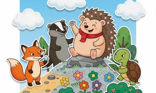 A round, chubby hedgehog with soft star-shaped quills, a proud smiling expression and a small red scarf sits atop a hill of silvery moss with its paws on a rock; to the left on a sloping path a bright orange fox with mischievous eyes holds a shiny stone in its mouth; to the right near a low bush a calm green-and-brown-shelled turtle holds a leaf under its foot; a dark brown badger with a softened expression stands behind the hedgehog as if parting the way; the hill is dotted with bright round flowers, a light blue sky with cotton-like white clouds and stylized trees in the background; simple warm scene, flat contrasting colors, thick outlines and EVA-moss-like textures, composition centered on the triumphant hedgehog at the top.