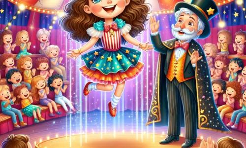 Una ragazza di 11 anni, Sofia, con capelli castani ondulati e occhi brillanti di curiosità, fluttua nell'aria, con un sorriso radioso sul viso. Indossa un abito colorato da circo, con stelle scintillanti e un piccolo cappello da mago. Accanto a lei, un elegante mago di circa 40 anni, con un grande cappello nero e un mantello luccicante, la osserva con orgoglio, le braccia aperte, come se stesse presentando una meraviglia al pubblico. Il luogo è un circo vibrante, con un grande tendone a strisce rosse e bianche, illuminato da luci brillanti. Gli spettatori, di tutte le età, sono seduti su panche di legno, applaudendo e ridendo, mentre palloni colorati fluttuano nell'aria. La scena principale mostra Sofia mentre esegue un numero di magia, fluttuando graziosamente sopra il palco, circondata da coriandoli colorati, mentre il mago la incoraggia con un sorriso benevolo.