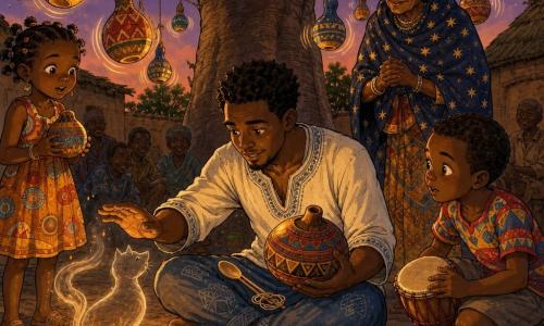 Kofi, a young man in his twenties with a gentle, focused face and grateful bright eyes, sits on the ground holding a small painted calabash and placing a wooden spoon and a length of string on his lap; Elder Ama, about 70, with tree-barked wrinkles and a starred shawl, stands a few steps behind him smiling with hands clasped; an eight-year-old boy in a colorful T-shirt crouches to Kofi’s right holding a small drum, and a six-year-old girl in a patterned dress stands to his left holding a mini painted calabash, all near a small orange fire in a dirt courtyard hung with red, yellow, and blue painted calabashes that sway in the wind, a large baobab in the background; Kofi gently touches a faint translucent shadow curled by the fire like a cat as the calabashes seem to vibrate and the villagers watch quietly—twilight atmosphere, warm colors, inked lines and watercolor washes.