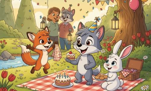 The main character is Little Wolf, a young anthropomorphic wolf with soft gray fur, big round ears, bright hazel eyes and a surprised joyful smile, wearing a striped party hat and holding a piece of cake; his friend Foxy is a playful red fox with a bushy white-tipped tail, mischievous look, leaping and waving a picnic cloth to Little Wolf’s left; Bunny is a fluffy white rabbit with long pink ears and a shy smile, seated on the blanket offering a plate of cookies to the wolf’s right. In the background are smiling wolf parents holding lanterns near a small stone path. The scene is an outdoor surprise birthday in a garden clearing with colorful flowers, green grass, a small sparkling stream to the left, bunting and balloons on a low oak branch, a checkered picnic blanket, an open basket, a cake with candles, floating confetti and warm late-afternoon light with soft shadows. Visual style: clean lines, saturated colors and simple textures suitable for children.