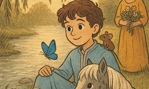 A dreamy smiling young prince of about ten with curly chestnut hair in a pale blue robe with silver trim crouches by a shimmering silver river, hand resting on his gray spotted pony Comet whose silky white mane and muzzle rest on the boy's knee; the prince looks attentive and kind with large bright eyes, a tiny brown mouse perches on his right shoulder, a vivid blue butterfly hovers above his knee, and in the background Mary, about forty-five, stands by a grassy path holding a bouquet of wildflowers; willow branches droop to the water, tall grasses, violets and wet smooth stones surround them, and the scene—bathed in golden late-afternoon light—conveys a peaceful, poetic moment with soft contrasts and slightly grainy ink textures reminiscent of newsprint.