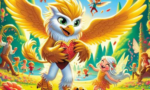 A young griffin named Finn, with golden feathers and sparkling curious eyes, stands in the center of the image, holding a heart-shaped map. He has a big smile, his wings slightly spread, showing his excitement. Next to him is a small fairy named Lily, with shimmering wings and a dress made of flower petals, joyfully dancing, her eyes shining with mischief. The setting is a sunny park filled with colorful flowers, large green trees, and a bright blue sky. In the background, children are playing and laughing, adding a festive atmosphere. The main scene shows Finn and Lily discovering a Valentine's surprise, surrounded by their friends, with a large heart-shaped cake decorated with flowers and feathers, creating a joyful and friendly atmosphere.
