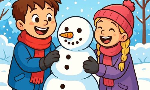 An 8-year-old boy named Max, with messy brown hair and rosy cheeks, joyfully smiles while building a snowman. He wears a thick blue coat, a red scarf, and black gloves, his eyes shining with happiness and excitement. Next to him, a 7-year-old girl named Mia, with braided blonde hair and a pink hat, helps him shape the snowman, laughing enthusiastically. The setting is a winter park with snow-covered trees, a clear blue sky, and gently falling snowflakes. The ground is covered in a thick layer of snow, and the slightly crooked snowman has a carrot nose and button eyes. The scene conveys an atmosphere of joy and friendship, illustrating the fun of playing in the snow and sharing warm moments in winter.