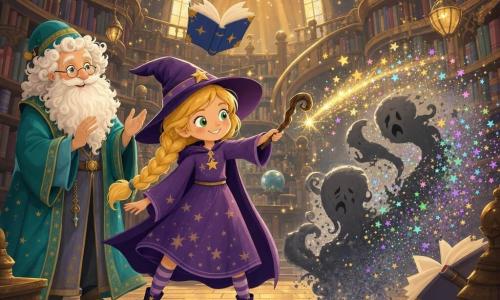 The main witch is a smiling, reassured girl with golden-blond braided hair, bright green eyes and a purple star-patterned robe, holding a curved wooden wand that emits sparkling stardust; behind her stands Finn the archivist, an elderly man with a curly white beard, twinkling eyes, a long turquoise robe and small round hat, hands open as if softly applauding; faceless animated books with red, blue and green covers float around, some shelved mid-air with pages like wings; the scene is set in a large magical indoor library with vaulted ceilings, dark spiral wooden shelves, warm glass hanging lamps and golden light with stardust in the air, as the witch calms gray swirling shadows that dissolve into colored sparks, in warm pastel tones, soft contrasts and a gentle chiaroscuro for a fairy-tale effect.