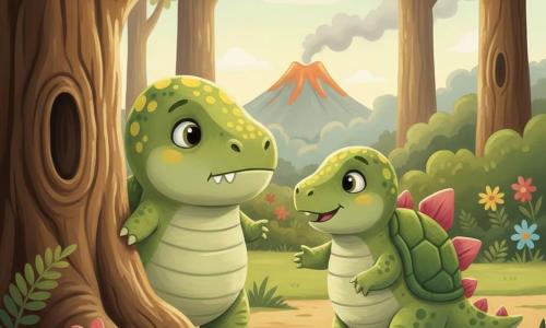 Un pequeño y rollizo Tyrannosaurus Rex de cuerpo verde claro con manchas amarillas, ojos grandes y expresión algo asustada, dientes redondeados; se esconde parcialmente tras un árbol nudoso con una pata sobre la cepa. Sara, una estegosauria amiga, tiene placas verdes y púas rosas; sonríe con valentía y le coloca la pata para tranquilizarlo. Claro en el bosque con árboles anchos, helechos y flores, y un volcán humeante en el horizonte. Juego de escondite: Tito sorprendido por un pequeño gruñido, Sara lo calma; luz suave de atardecer, colores cálidos y contornos redondeados para un aspecto tierno y apacible.
