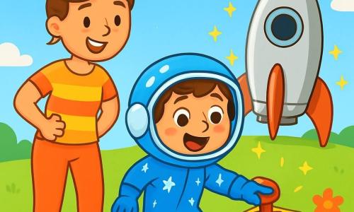 Dudu, um garoto de 7 anos, é um jovem astronauta com olhos cheios de curiosidade. Ele usa um macacão azul vibrante com estrelas brancas brilhantes e um capacete reluzente que reflete a luz das estrelas. Seu rosto expressa imensa alegria e um leve frio na barriga enquanto se prepara para decolar em sua foguete. Sua mãe, uma mulher na casa dos trinta anos, está ao lado dele, com um sorriso caloroso e cabelos castanhos presos em um coque. Ela usa uma camiseta colorida e uma calça confortável, fazendo um sinal de encorajamento, cheia de orgulho. O local é um vasto campo verde, salpicado de flores coloridas, sob um céu azul brilhante. Ao longe, vê-se a foguete prateada, pronta para decolar, cercada por pequenas estrelas cintilantes que parecem dançar ao seu redor. Dudu, com um misto de excitação e apreensão, se prepara para apertar o grande botão vermelho de lançamento, pronto para realizar seu sonho de viajar pelo espaço.