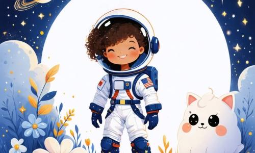 Ania, młoda astronautka z brązowymi, kręconymi włosami, nosi błyszczący, kolorowy skafander kosmiczny. Uśmiecha się z zachwytem, stojąc na tajemniczej planecie, otoczona świecącymi kwiatami, które migoczą jak gwiazdy. Obok niej jest Zuzu, mała przyjazna istota z dużymi okrągłymi oczami i ciałem w kształcie chmury, skacząca radośnie po ziemi. Zuzu ma intensywny fioletowy kolor i wskazuje Anii drogę wzdłuż błyszczących kryształów. Tło stanowi bajkowa planeta z fuksjowymi górami i szmaragdowymi jeziorami odbijającymi gwiaździste niebo. Komety przelatują przez horyzont, dodając magii. Ania i Zuzu eksplorują razem, Ania trzyma próbkę rośliny w jednej ręce, podczas gdy Zuzu wskazuje drzewo z migoczącymi liśćmi, gotowy odkryć kolejny sekret tej zaczarowanej planety.