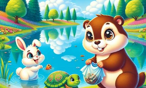 Uma marmota chamada Mica, com pelagem marrom suave e olhos brilhantes de curiosidade, está à beira de um lago cintilante, sorrindo entusiasticamente. Ela está recolhendo lixo para ajudar um peixe triste. Ao lado dela, um coelhinho travesso chamado Riri, com grandes orelhas e pelagem branca, salta alegremente, segurando um pedaço de papel nas patas dianteiras. Um pouco mais longe, uma tartaruga chamada Tita, com uma carapaça verde adornada com padrões, avança lentamente, observando seus amigos com um sorriso benevolente. O local é um lindo lago cercado por flores coloridas, com árvores majestosas refletindo na água clara. O céu é azul, salpicado de nuvens brancas e fofas. A cena principal mostra Mica, Riri e Tita unidos em um esforço alegre para limpar o lago, transformando um lugar triste em um espaço radiante, enquanto compartilham risadas e amizade.