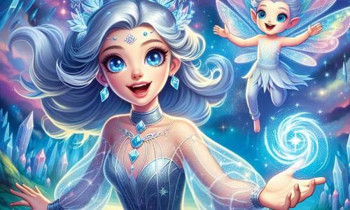 Lyra, uma jovem com cabelos prateados flutuantes como cometas, está no centro do palco, seu rosto iluminado por uma luz de excitação e determinação. Seus olhos brilham em um azul profundo e ela usa um vestido cintilante adornado com padrões estelares, segurando uma chave de cristal pulsante na mão direita, pronta para ativar um portal mágico. Ao seu lado, Zafiro, um pequeno ser com asas translúcidas e iridescentes, voa alegremente ao seu redor, parecendo um jovem garoto com traços delicados e um sorriso radiante, encorajando Lyra com gestos entusiasmados. O cenário é uma paisagem mágica de Luminas, onde árvores de cristal brilham sob uma luz suave e rios de água luminosa serpenteiam pelo chão. O céu está salpicado de estrelas brilhantes e nuvens coloridas, criando uma atmosfera mágica. A cena principal mostra Lyra e Zafiro se preparando para ativar o portal estelar, uma luz intensa emanando da chave de cristal, enquanto se deparam com um imenso vórtice luminoso, simbolizando a abertura para novos mundos a explorar.