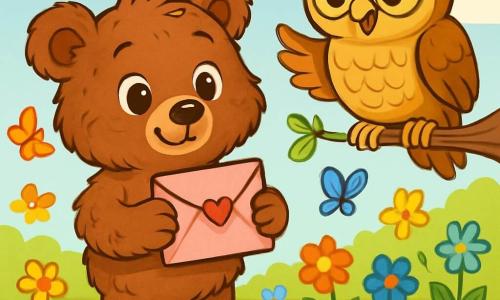 Ein kleiner brauner Bär namens Brummi mit weichem, zerzaustem Fell schaut mit funkelnden, neugierigen Augen auf einen rosa Umschlag in seinen Pfoten. Er steht in einer sonnigen Lichtung, umgeben von bunten Blumen und schwirrenden Schmetterlingen. In der Nähe beobachtet eine weise Eule mit goldenen Federn, die auf einem Ast sitzt, Brummi mit einem wohlwollenden Lächeln und großen, strahlenden Augen. Der Boden ist mit grünen und goldenen Blättern bedeckt, und schimmernde Herzen schweben in der Luft, was der Szene einen magischen Touch verleiht. Brummi, entschlossen und fröhlich, bereitet sich darauf vor, eine geheime Botschaft zum Valentinstag zu überbringen und träumt von der Überraschung, die er seinem Freund, dem Hasen, machen wird.