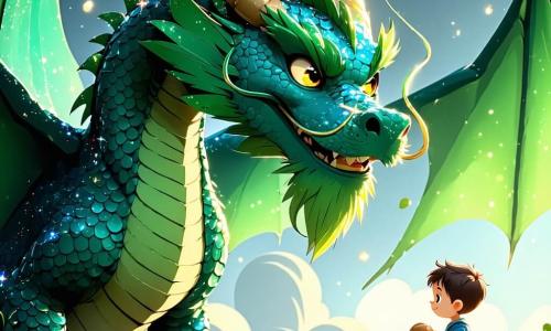 Ein majestätischer Drache mit schimmernden smaragdgrünen Schuppen und großen, glänzenden goldenen Augen steht im Mittelpunkt der Szene. Er breitet seine majestätischen Flügel aus, bereit zum Abflug, und ein freundliches Lächeln erhellt sein Gesicht. Neben ihm steht ein zehnjähriger Junge, Leo, mit zerzausten braunen Haaren und einer blauen Tunika, der den Drachen bewundernd anblickt und eine alte Karte in den Händen hält. Leo steht auf einer goldenen Sanddüne, seine Füße leicht im warmen Sand vergraben, während er mit dem Finger auf eine Richtung auf der Karte zeigt. Im Hintergrund erhebt sich eine üppige Oase mit grünen Palmen und bunten Blumen, die mit der Wüstenlandschaft kontrastiert. Der Himmel ist strahlend blau, mit flauschigen weißen Wolken, und die Sonne scheint intensiv, wodurch funkelnde Reflexionen auf dem kristallklaren Wasser der Oase entstehen. Die Hauptsituation zeigt Leo und den Drachen Zaffir, die sich auf ein Abenteuer vorbereiten, mit einer spürbaren Atmosphäre von Magie und Aufregung, während sie sich aufmachen, die verborgenen Geheimnisse der Wüste zu entdecken.