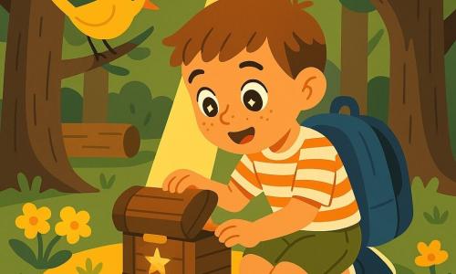 Niño de 6 años, pelo corto castaño, pecas en la nariz, pantalón corto kaki y camiseta a rayas, mochila azul detrás, rostro asombrado con ojos grandes, arrodillado abriendo un pequeño cofre de madera con una estrella grabada; a su derecha, un erizo pequeño y redondo, marrón, sobre las flores, inmóvil y curioso mirando el cofre; a la izquierda, un pájaro amarillo posado en una rama baja, inclinado como si escuchara; claro en el bosque con tres grandes árboles de tronco rugoso formando un círculo, alfombra de flores amarillas, pequeñas piedras rojas formando una X en el suelo, un tronco caído al fondo y un arroyo azul a distancia; un rayo estrecho de luz dorada atraviesa las hojas e ilumina la estrella del cofre, creando un contraste cálido en la tierra y largas sombras de los árboles.
