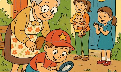 Maia, niña de 4 años, alegre y concentrada, rostro redondo con pecas, pelo castaño claro en coletas, lleva una gorra roja con estrella y una lupa de juguete que sostiene sobre una pequeña placa metálica brillante; está de rodillas, con mirada curiosa y ojos muy abiertos; la señora Rosa, mujer de ~60 años con melena gris recogida en moño y delantal floreado, le toma la mano y se inclina detrás de ella mirando la placa con benevolencia; Ana, niña de ~7 años con coleta y vestido azul, está junto a una puerta pintada de azul con una luna y aplaude contenta; Marta, mujer de ~40 años, en la puerta de la casa vecina sostiene a Lulú, niña de ~5 años que abraza un perrito de peluche; ambas sonríen; lugar: jardín de barrio soleado de tierra y hierba, banco de madera gastado, pequeñas huellas de patas en la tierra y casas de colores vivos al fondo; situación: Maia descubre junto al banco una pequeña placa metálica con letras confusas y los personajes se reúnen alrededor mirándola como una pista; ambiente cálido, colores vivos, rasgos claros y gestos de ayuda.