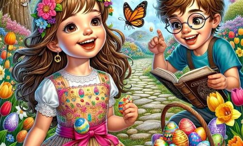Ilustración que representa a una niña de 11 años, con largos cabellos castaños y ojos llenos de curiosidad. Lleva un vestido colorido adornado con motivos de conejitos y huevos de Pascua, y sonríe alegremente mientras sostiene una cesta llena de huevos decorados. A su lado hay un niño de 12 años, con el cabello rubio despeinado y una expresión traviesa. Se ríe señalando una mariposa colorida que vuela alrededor de ellos. Otro niño de 11 años, con gafas y cabello castaño, observa atentamente un libro antiguo sobre un tronco de árbol, con los ojos abiertos de asombro. El lugar principal es un jardín primaveral, lleno de flores brillantes como tulipanes y narcisos, bajo un cielo azul claro con nubes blancas esponjosas. En el centro, un gran árbol majestuoso ofrece sombra, y un camino de piedras brillantes serpentea por el jardín. La situación principal muestra a los niños en plena aventura, buscando huevos de Pascua escondidos mientras ríen y se divierten, rodeados por la magia de la naturaleza. Otros elementos gráficos incluyen huevos de Pascua coloridos escondidos en la hierba, mariposas revoloteando a su alrededor y un ambiente alegre y festivo que evoca el espíritu de Pascua.