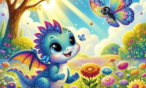 Ilustración de un pequeño dragón con escamas iridiscentes que flotan alegremente en el aire. Sus ojos brillan de emoción y curiosidad mientras explora un vasto jardín lleno de flores coloridas que bailan al viento. Cerca, una mariposa de alas vibrantes y delicadas vuela de flor en flor, mostrando alegría y ligereza, animando al dragón a descubrir las maravillas del jardín. El lugar es un jardín encantador, con flores vivas bajo un cielo azul. Árboles majestuosos rodean el jardín y un rayo de sol ilumina la escena, creando una atmósfera mágica. El dragón se maravilla ante la belleza de las flores, comprendiendo que cada momento de la vida es una aventura. Elementos gráficos adicionales incluyen mariposas revoloteando, rayos de sol filtrándose entre las ramas y una suave brisa que agita los pétalos, añadiendo movimiento y vida a la ilustración.