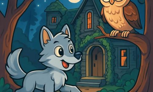 Ein junger Wolf mit silbernem Fell namens Finn steht im Mittelpunkt der Szene, seine Augen leuchten vor Neugier und Aufregung. Er hat eine dynamische Haltung, mit einem gehobenen Bein, bereit, ein altes, mysteriöses Herrenhaus zu erkunden. Neben ihm sitzt eine weise Eule mit braunen und goldenen Federn namens Mia auf einem Ast, ihre großen runden Augen zeigen eine leichte Besorgnis, während sie Finn beobachtet. Der Ort ist ein altes Holzhaus, das mit Efeu bewachsen und von großen, knorrigen Bäumen umgeben ist, unter einem sternenklaren Himmel, wo der Mond die Landschaft mit silbernem Licht erhellt. Schatten tanzen an den Wänden des Herrenhauses und schaffen eine sowohl faszinierende als auch leicht beängstigende Atmosphäre. Die Hauptsituation zeigt Finn, den jungen Wolf, der entschlossen auf die knarrende Tür des Herrenhauses zugeht, während Mia ihn beobachtet, bereit, ihm Ratschläge zu geben.