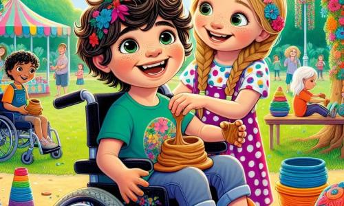 Un ragazzo di 11 anni, Marco, è seduto sulla sua sedia a rotelle, con un grande sorriso sul volto. Ha capelli castani e ricci, occhi pieni di curiosità e indossa una maglietta colorata con motivi floreali. Marco sta modellando della creta con le mani, concentrato e felice, circondato da colori vivaci. Accanto a lui, Giulia, una ragazza di 10 anni con capelli lunghi e biondi, intrecciati, lo incoraggia sorridendo. Indossa un vestito a pois e tiene una piccola palla di creta, pronta a creare la sua opera. Sullo sfondo, il parco è animato, pieno di famiglie e bambini che giocano. Alberi maestosi con foglie verdi offrono ombra, mentre un chiosco di ceramica colorato è decorato con ghirlande di fiori. La scena mostra Marco e Giulia in piena attività creativa, condividendo un momento di gioia e amicizia, illustrando la bellezza della diversità e dell'inclusione.