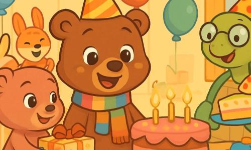 Un piccolo orso marrone di nome Bruno, con occhi scintillanti di gioia e un ampio sorriso, si trova al centro di un'aula decorata per il suo compleanno. Indossa una sciarpa colorata e un piccolo cappello di carta. Accanto a lui, sua sorella Lilla, un'orsetta con pelliccia morbida e occhi brillanti di eccitazione, tiene un regalo avvolto in carta a fiori, pronta a darglielo. Sullo sfondo, l'insegnante, una tartaruga saggia con occhiali rotondi e un cappello festivo, sorride mentre tiene una grande fetta di torta. L'aula è piena di palloncini colorati, ghirlande di foglie dorate e un grande tavolo carico di dolci. La scena principale mostra Bruno circondato dai suoi amici, tutti ridendo e applaudendo, mentre si prepara a soffiare le candeline della sua magnifica torta di compleanno, illuminata da candele scintillanti.